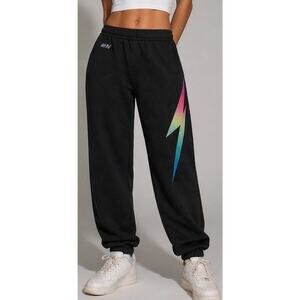 Aviator Nation Girl Sweatpants Black Rainbow Lightning Bolt Joggers Youth Size 4